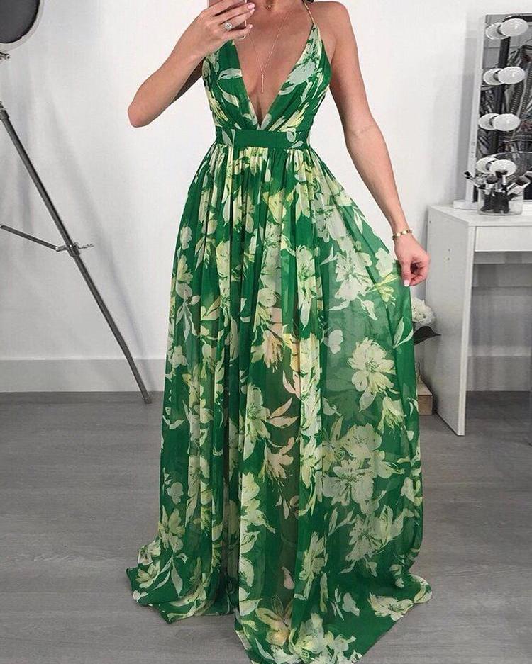 Floral Print Pleated Backless Slip Maxi Dress