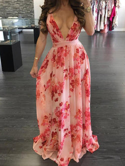 Floral Print Pleated Backless Slip Maxi Dress