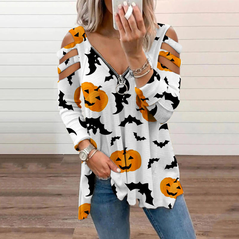 Halloween Print Cold Shoulder Blouse