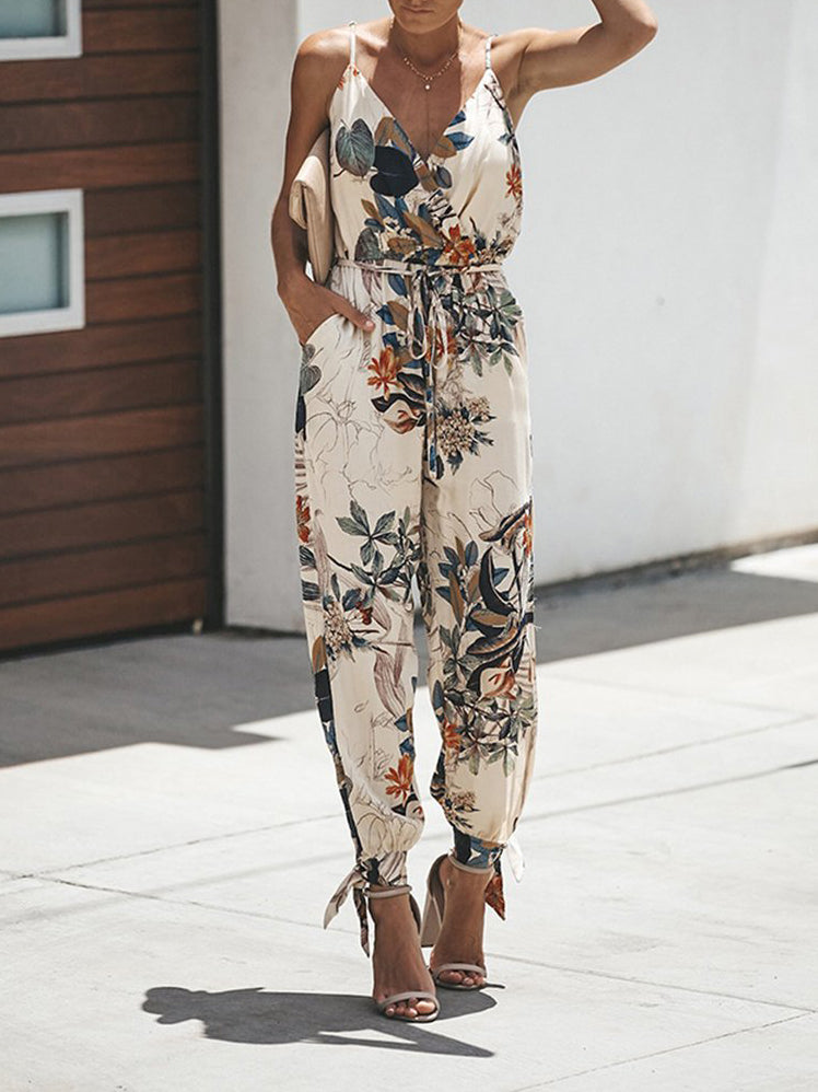 V Neck Split Long Floral Pocketed Romper Jumpsuits