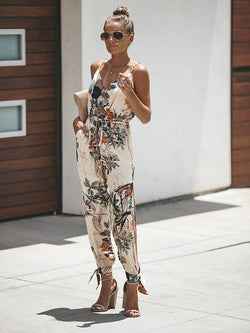 V Neck Split Long Floral Pocketed Romper Jumpsuits