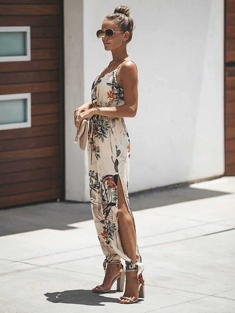 V Neck Split Long Floral Pocketed Romper Jumpsuits