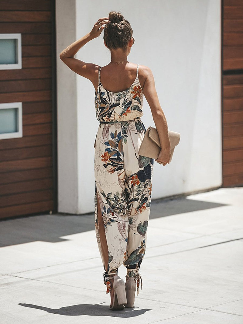 V Neck Split Long Floral Pocketed Romper Jumpsuits