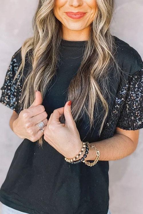 Short Sleeve Sequin Round Neck T-shirt Top