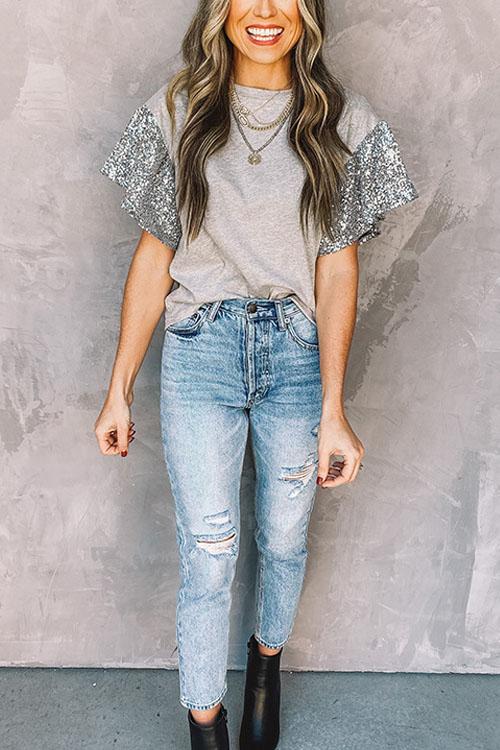 Short Sleeve Sequin Round Neck T-shirt Top