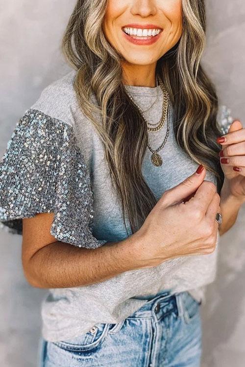 Short Sleeve Sequin Round Neck T-shirt Top