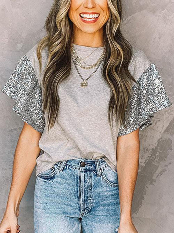 Short Sleeve Sequin Round Neck T-shirt Top