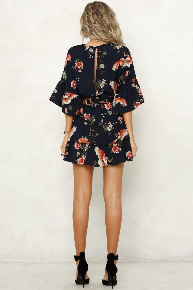 White 3/4 Length Sleeve Floral Pleated Hem Mini Dress