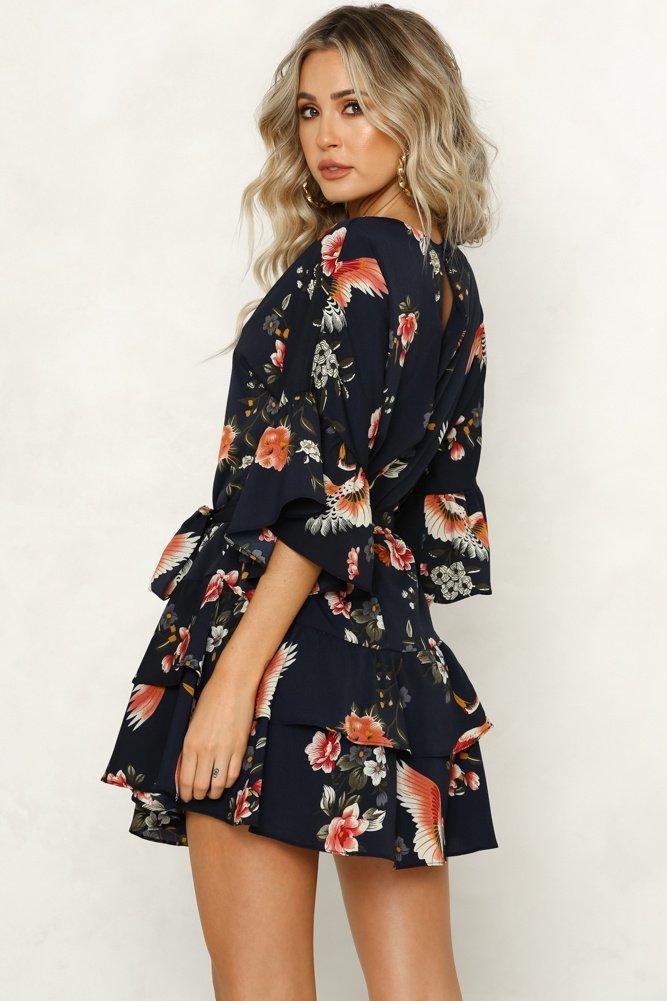 White 3/4 Length Sleeve Floral Pleated Hem Mini Dress