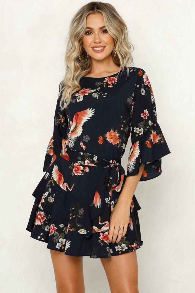 White 3/4 Length Sleeve Floral Pleated Hem Mini Dress