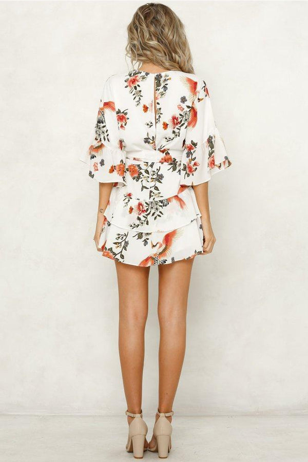 White 3/4 Length Sleeve Floral Pleated Hem Mini Dress