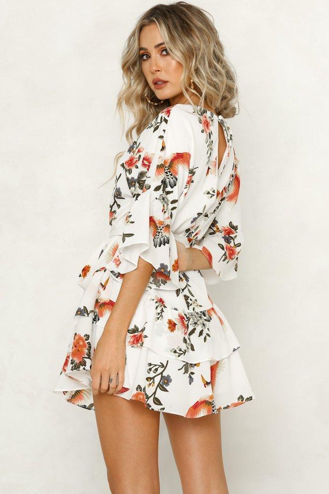 White 3/4 Length Sleeve Floral Pleated Hem Mini Dress