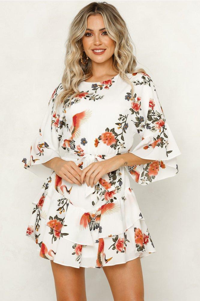 White 3/4 Length Sleeve Floral Pleated Hem Mini Dress