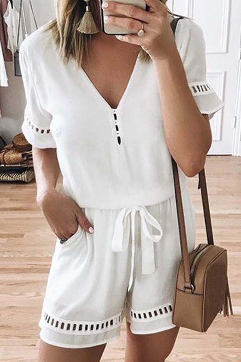 V Neck Hollow-out Lace-up Romper