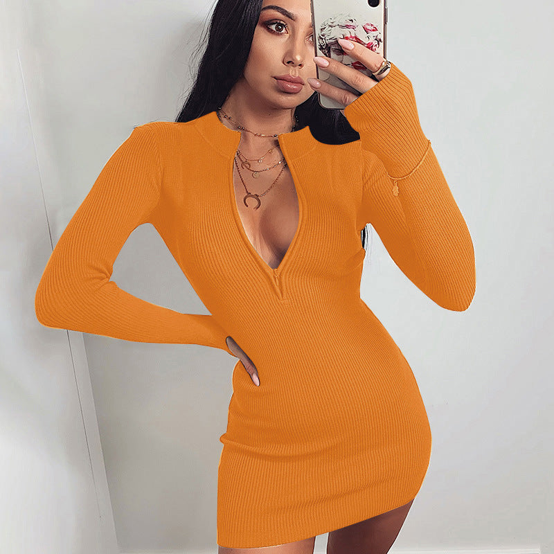 Sexy Long Sleeve Zipper Mini Dress