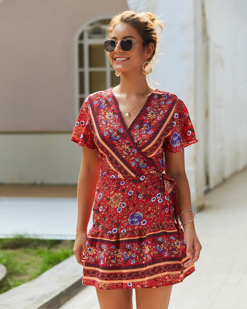 Boho Short Sleeve Floral Mini Dress