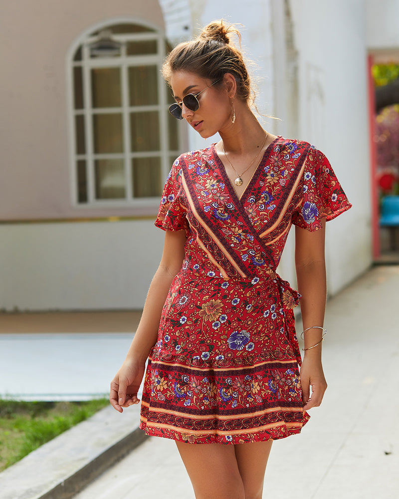 Boho Short Sleeve Floral Mini Dress