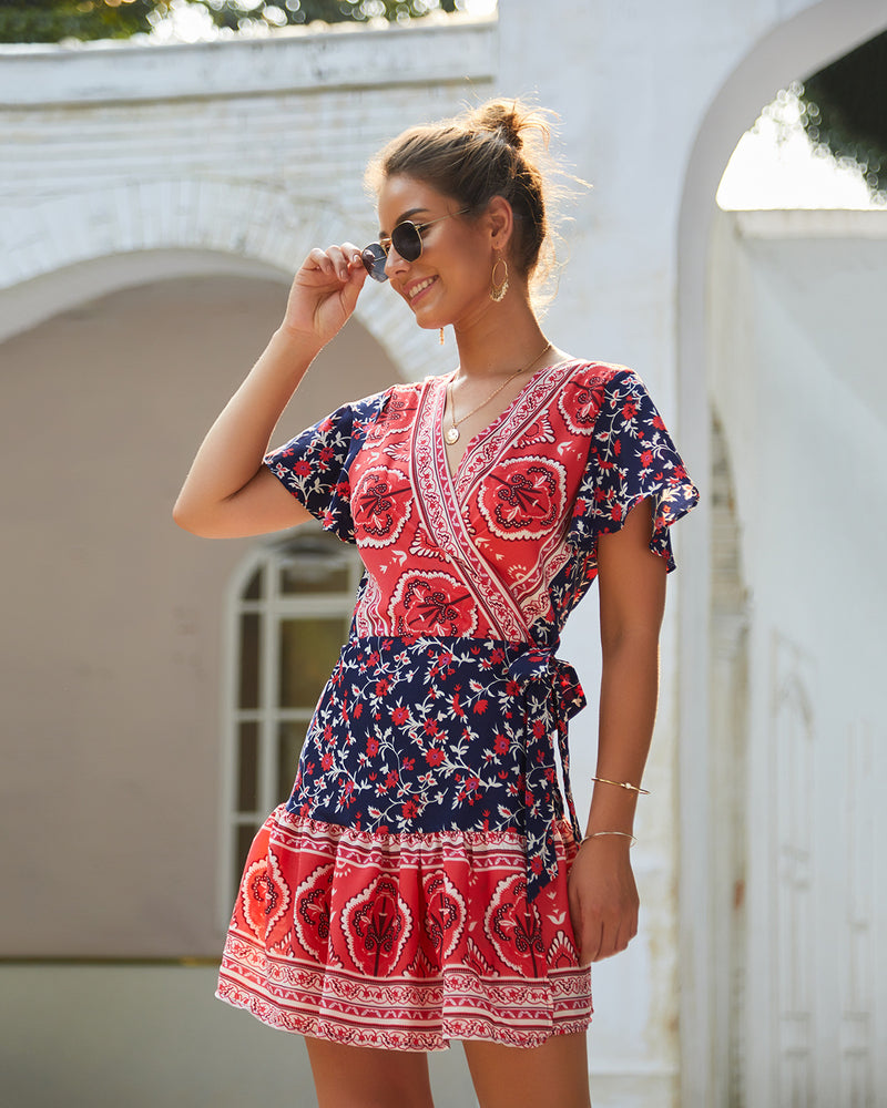 Boho Short Sleeve Floral Mini Dress