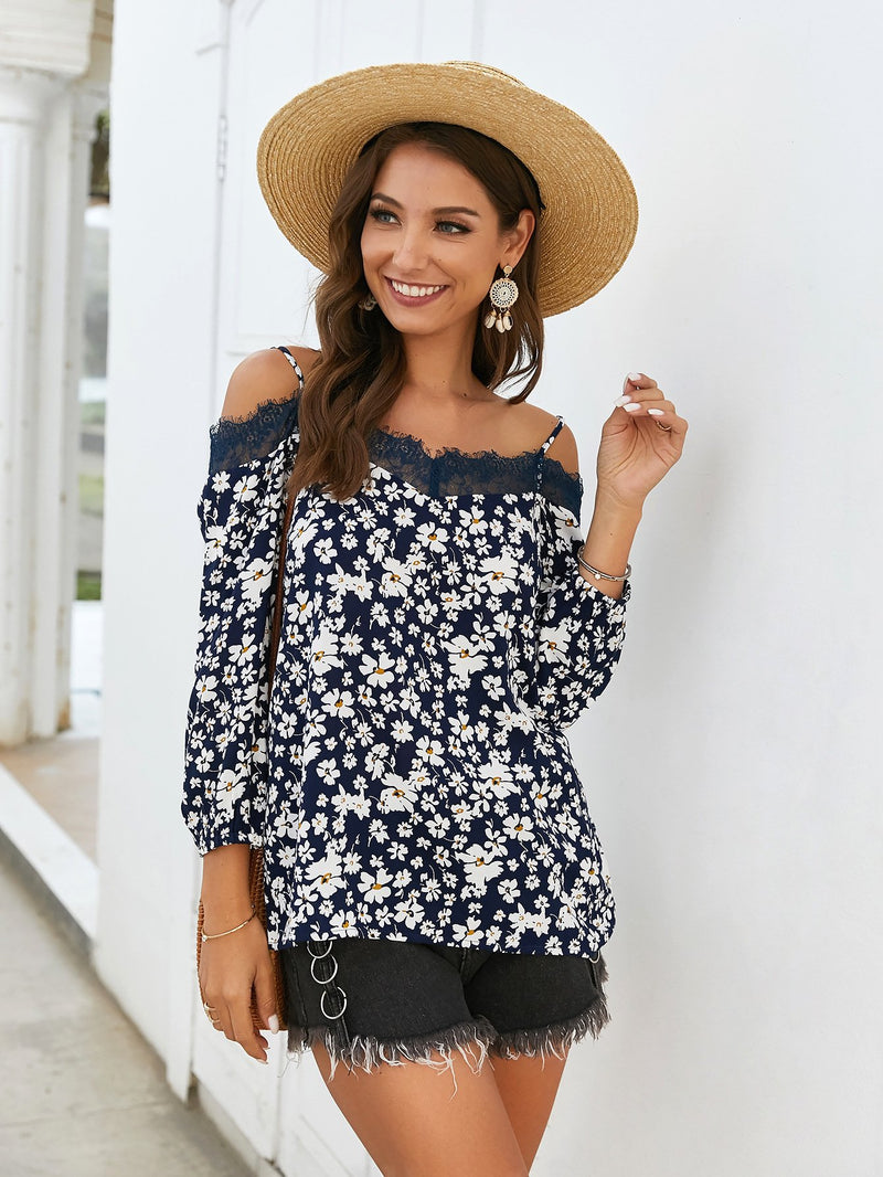 Spaghetti Strap Off Shoulder Floral Tops