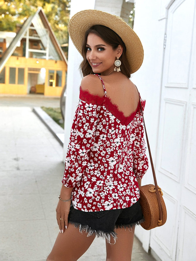 Spaghetti Strap Off Shoulder Floral Tops