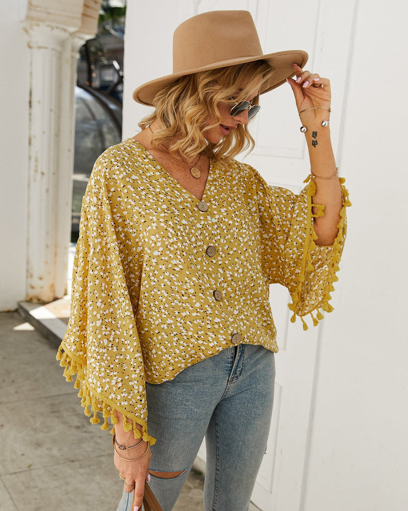 Women's Tassel Sleeve Floral Shirt