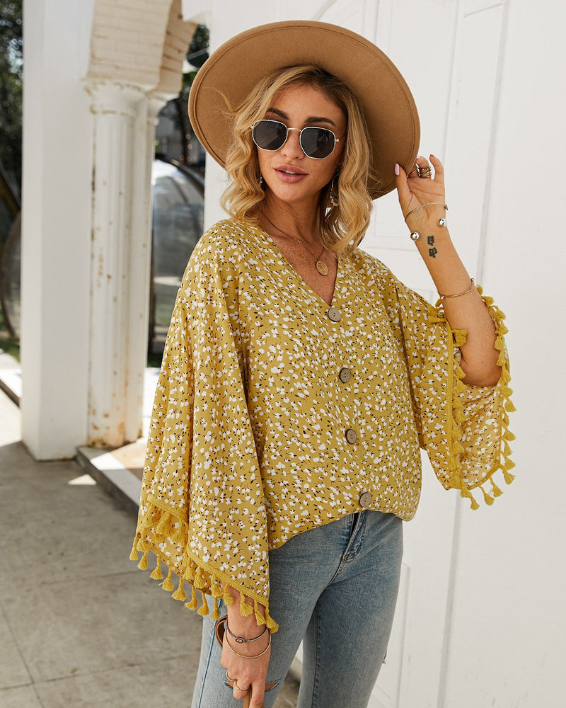 Women's Tassel Sleeve Floral Shirt