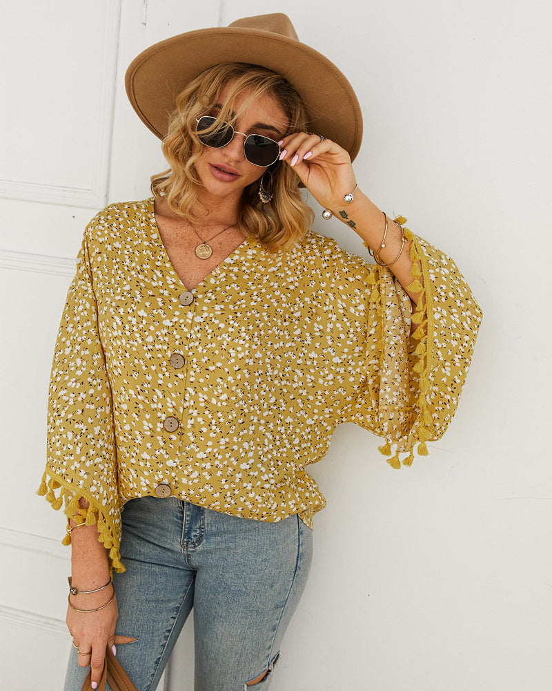 Women's Tassel Sleeve Floral Shirt