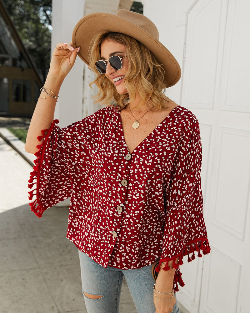 Women's Tassel Sleeve Floral Shirt