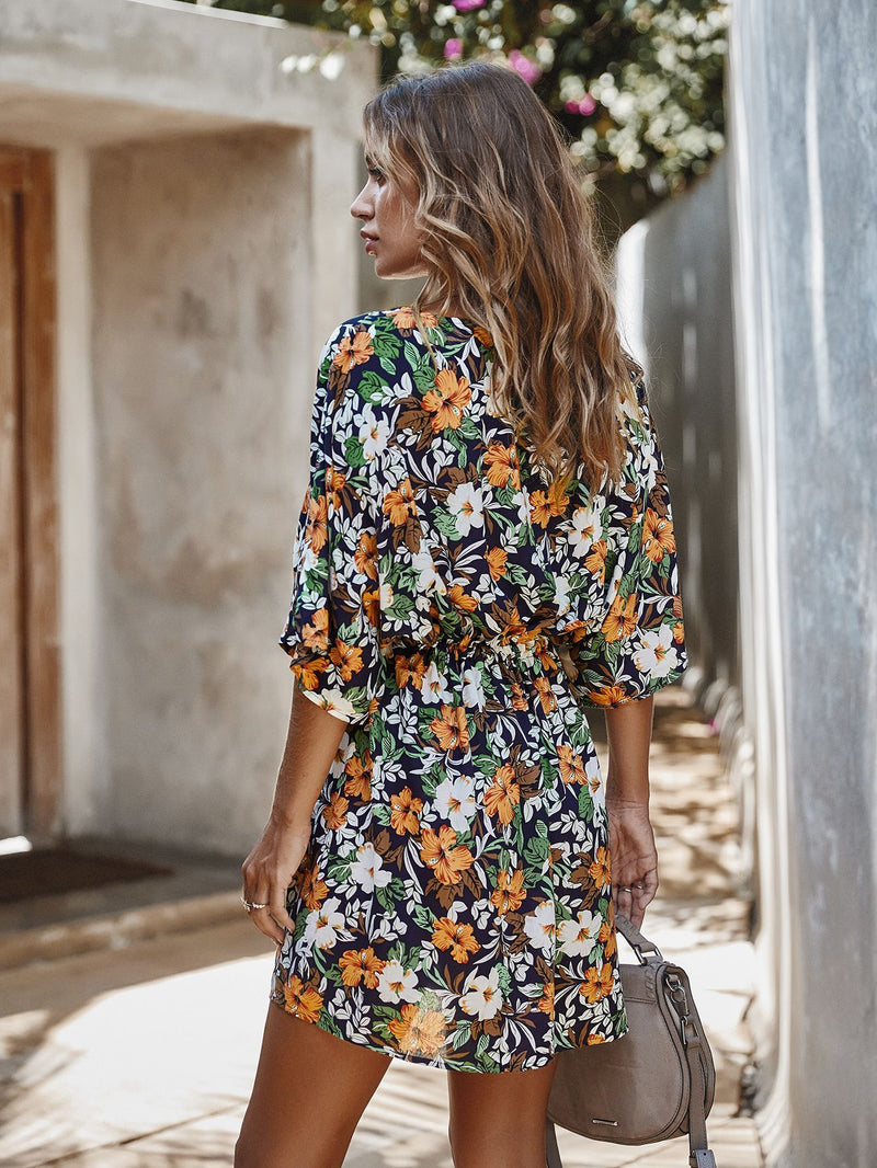 V Neck Floral Ruffle Mini Dress