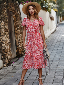 Floral V Neck Short Sleeve Long Dress