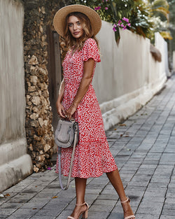 Floral V Neck Short Sleeve Long Dress