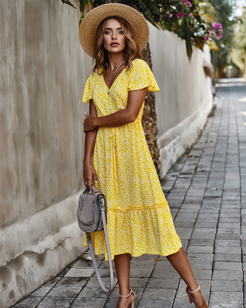 Floral V Neck Short Sleeve Long Dress