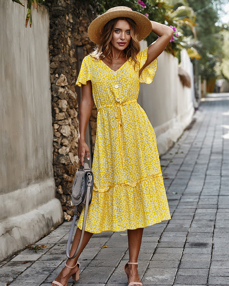 Floral V Neck Short Sleeve Long Dress