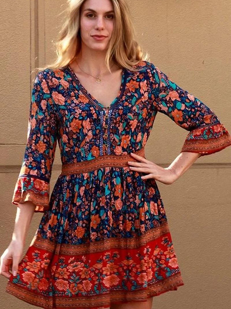 Boho Floral V Neck Ruffle Mini Dress