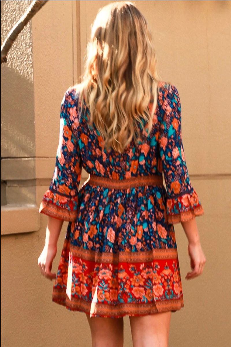 Boho Floral V Neck Ruffle Mini Dress