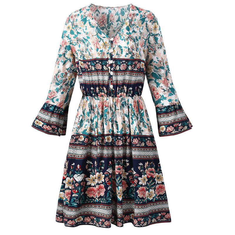 Boho Floral V Neck Ruffle Mini Dress