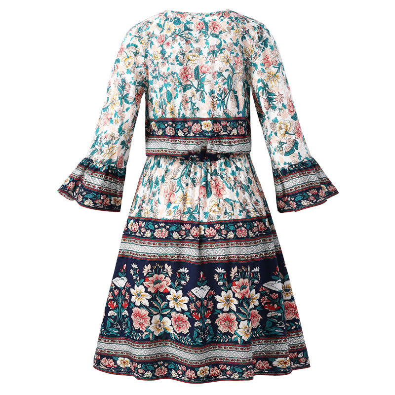 Boho Floral V Neck Ruffle Mini Dress