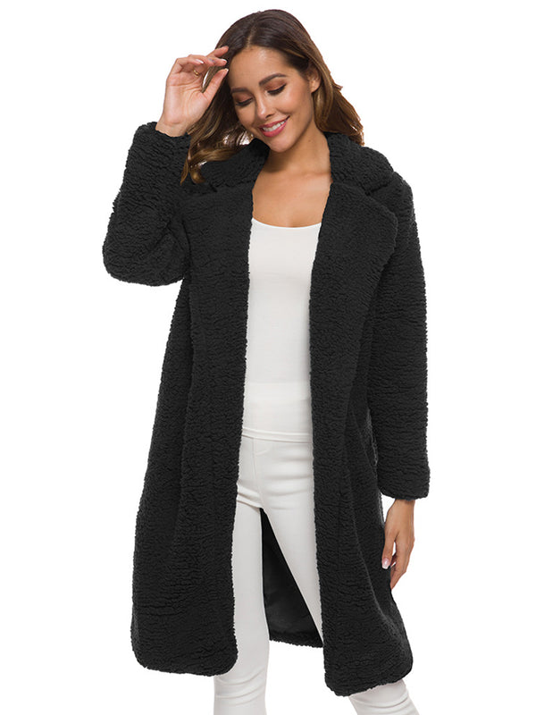 Long Sleeve Solid Color Midi Wool Coat