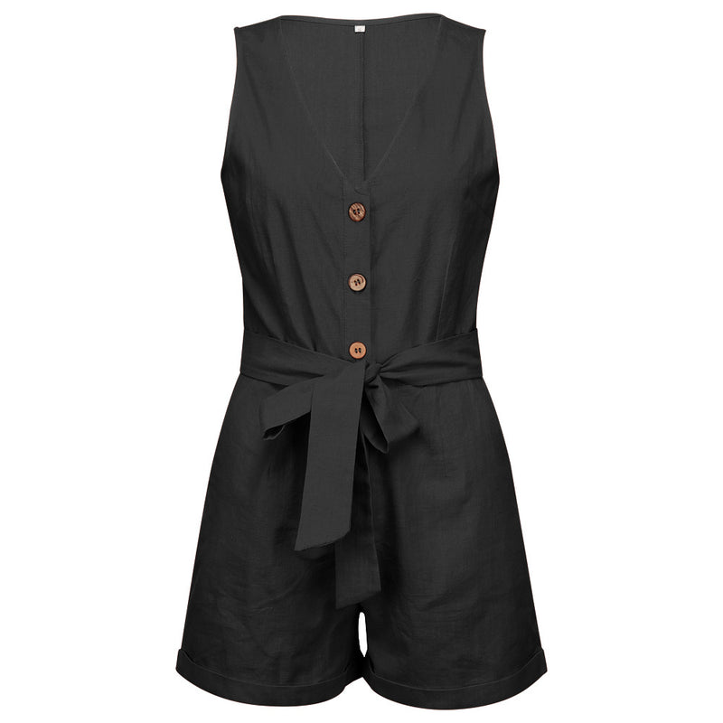 Waistband V-Neck Sleeveless Shorts Jumpsuit