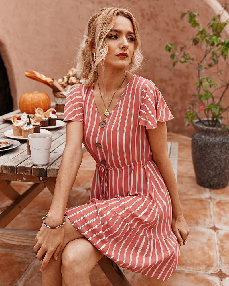 Short Sleeve Striped Short Dress