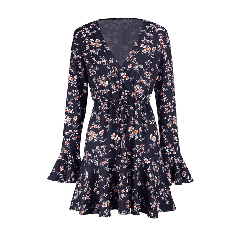 Trumpet Sleeve Floral V-Neck Mini Dress