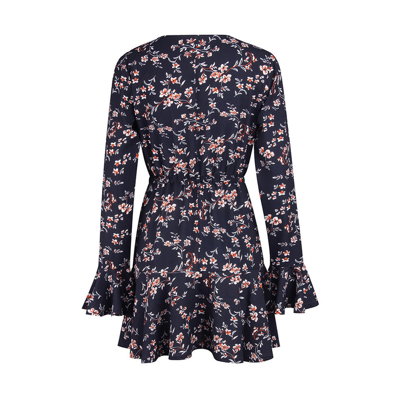 Trumpet Sleeve Floral V-Neck Mini Dress