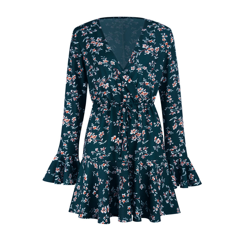 Trumpet Sleeve Floral V-Neck Mini Dress