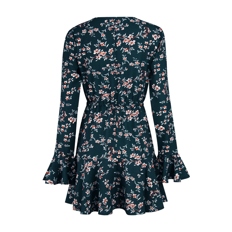 Trumpet Sleeve Floral V-Neck Mini Dress