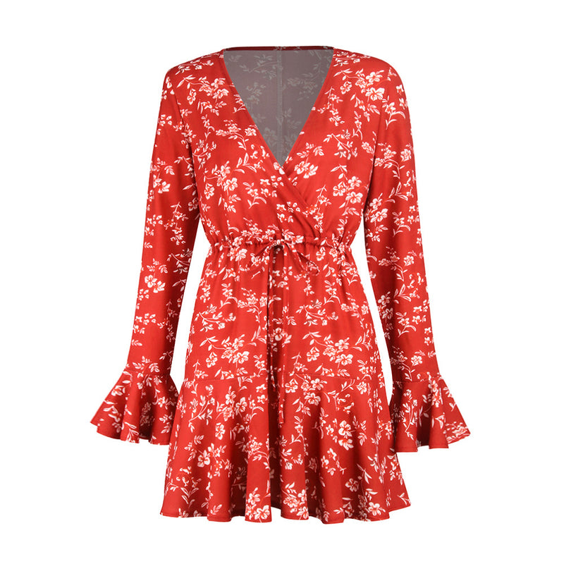 Trumpet Sleeve Floral V-Neck Mini Dress