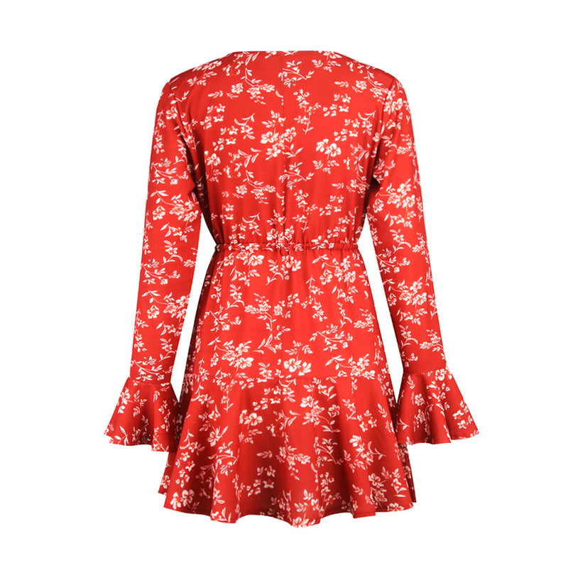 Trumpet Sleeve Floral V-Neck Mini Dress