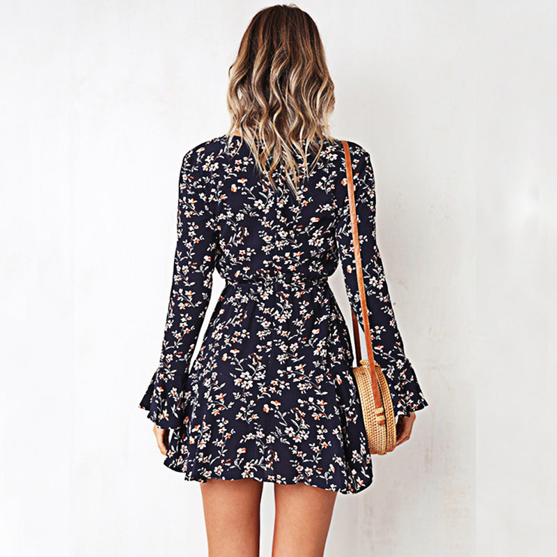 Trumpet Sleeve Floral V-Neck Mini Dress