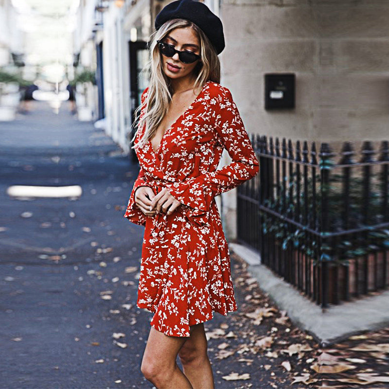 Trumpet Sleeve Floral V-Neck Mini Dress