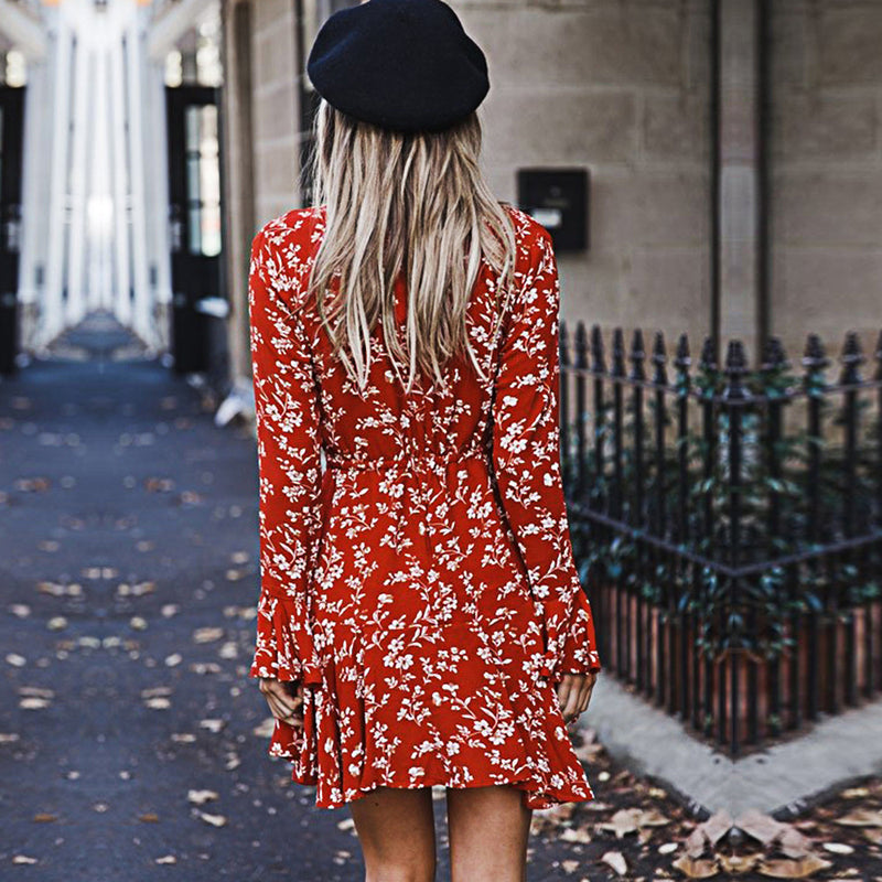 Trumpet Sleeve Floral V-Neck Mini Dress