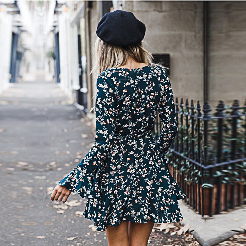 Trumpet Sleeve Floral V-Neck Mini Dress